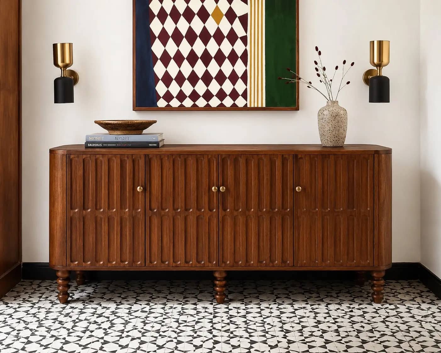 Premium Teak Wood Sideboard Cabinet with Hand-Carved Fluted Door Design - 3