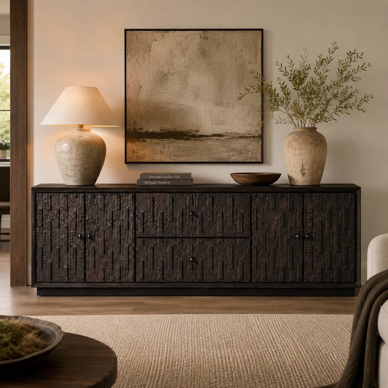 Varello Hand-Carved Dark Wood Sideboard - 1
