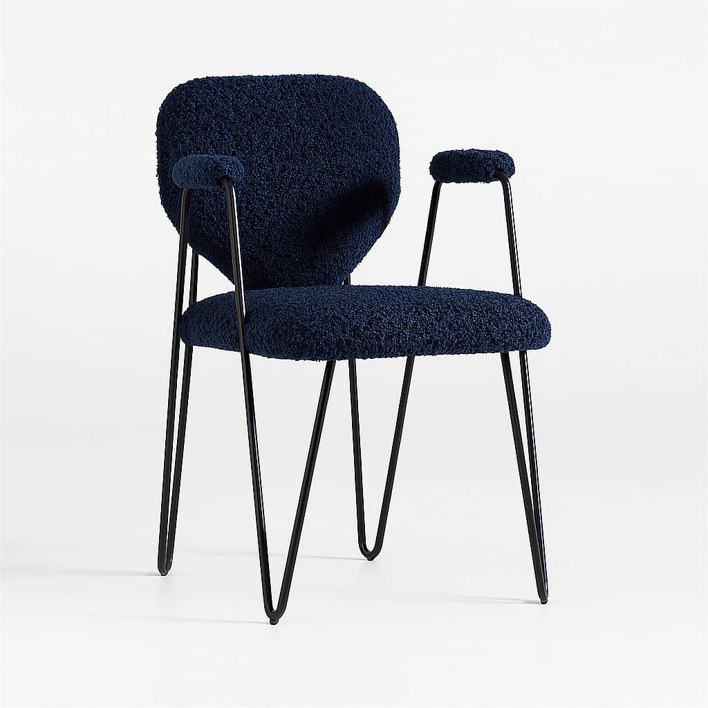Modern Iron Accent Chair in Deep Navy Blue Bouclé Fabric - 1