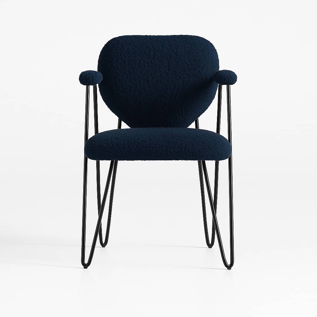 Modern Iron Accent Chair in Deep Navy Blue Bouclé Fabric - 2