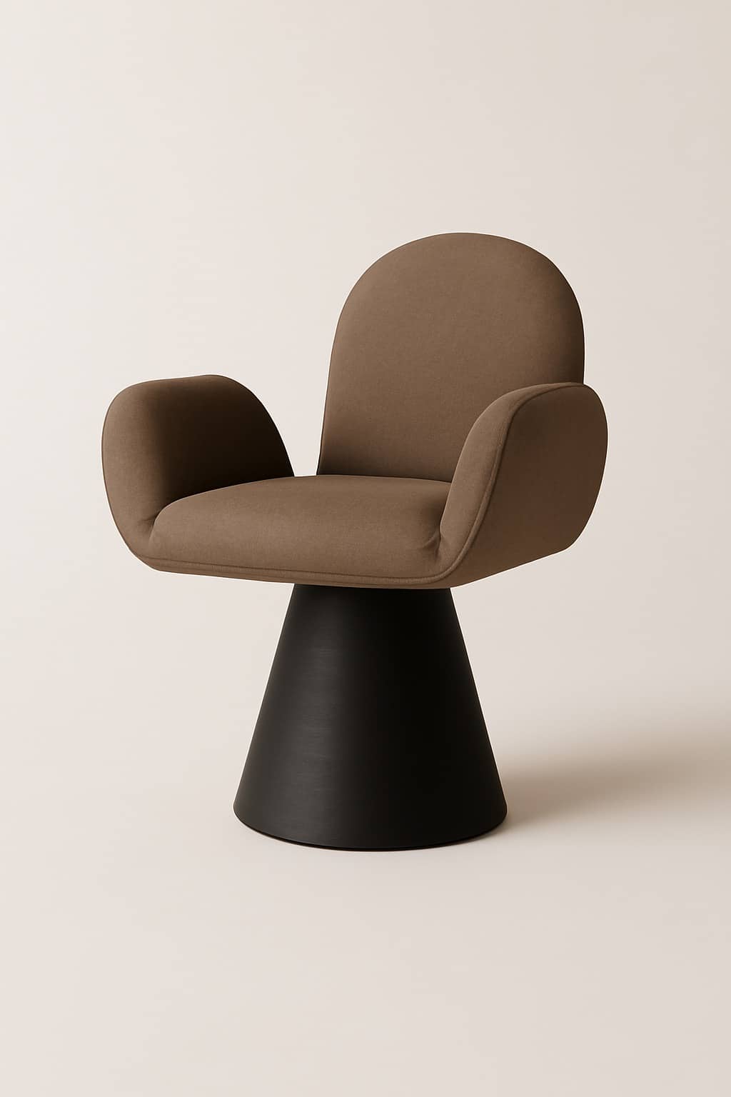 Sculpted Back Modern Dining Chair – Brown Upholstery with Black Cone Base - 1