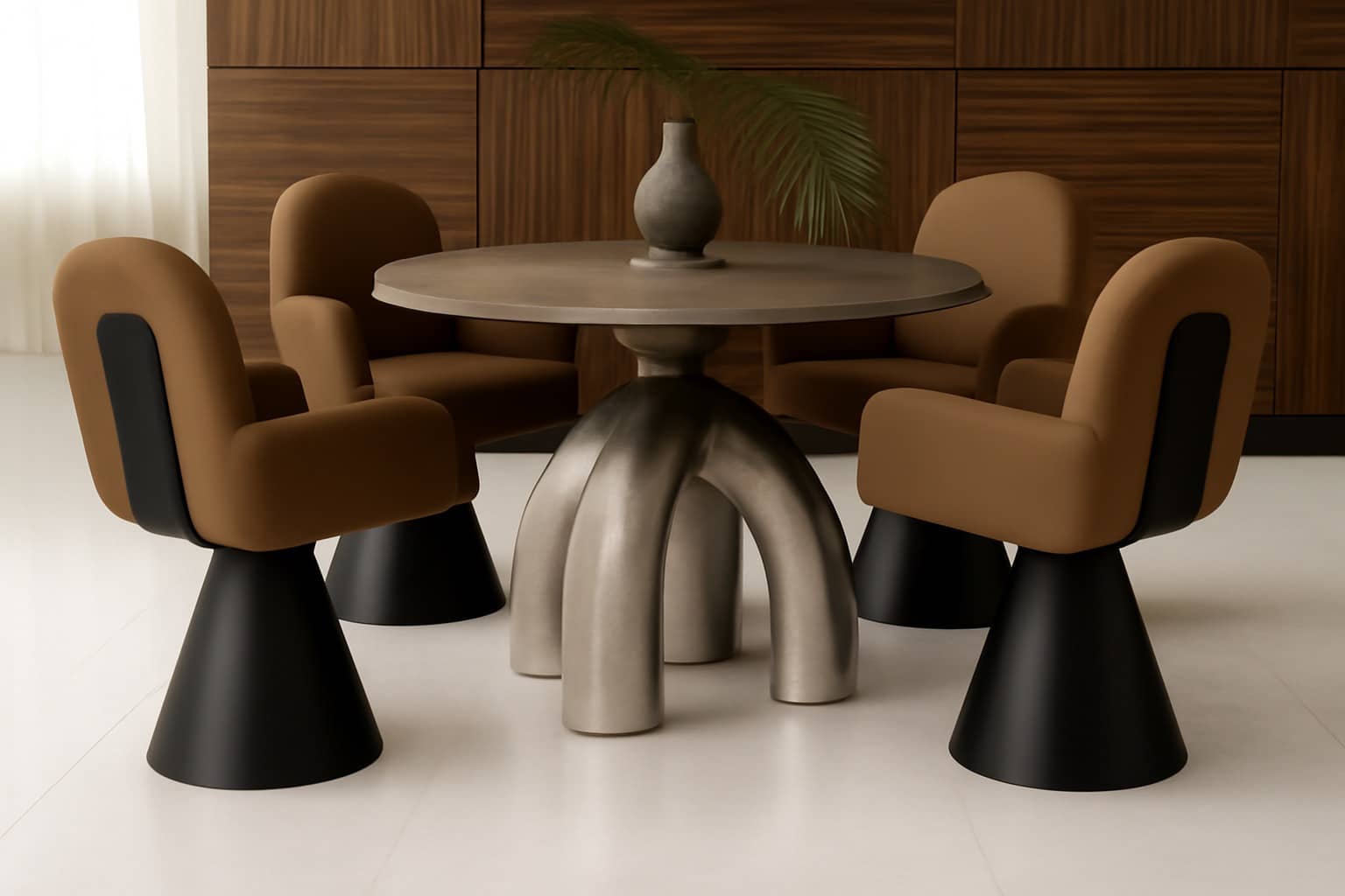 Sculpted Back Modern Dining Chair – Brown Upholstery with Black Cone Base - 5