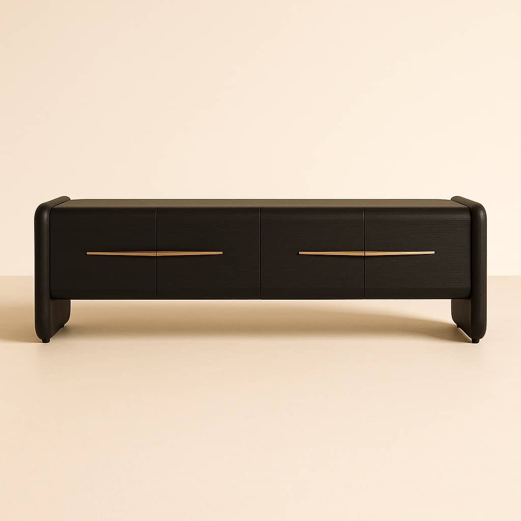 Modern Black Oak Media Console with Brass Accent Handles - 1