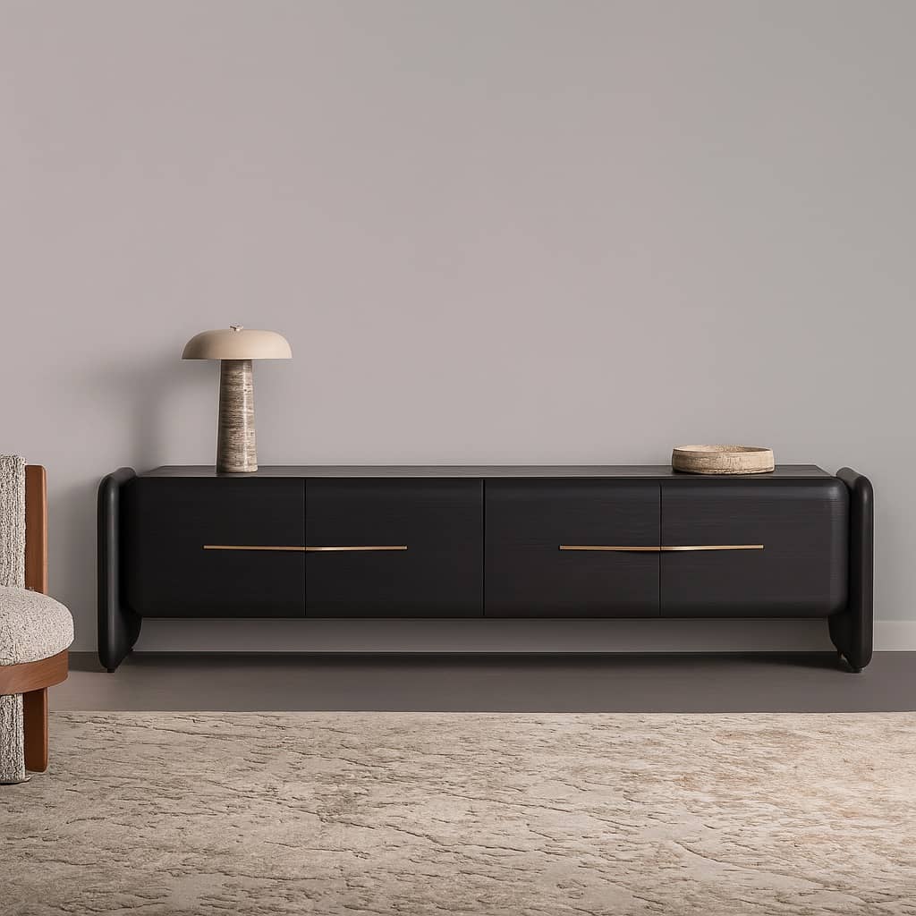 Modern Black Oak Media Console with Brass Accent Handles - 2