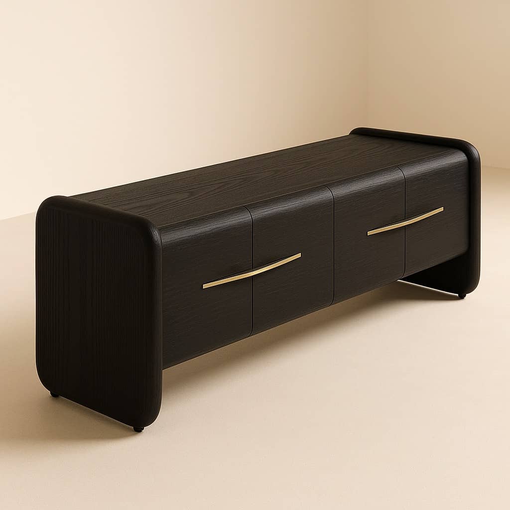 Modern Black Oak Media Console with Brass Accent Handles - 4