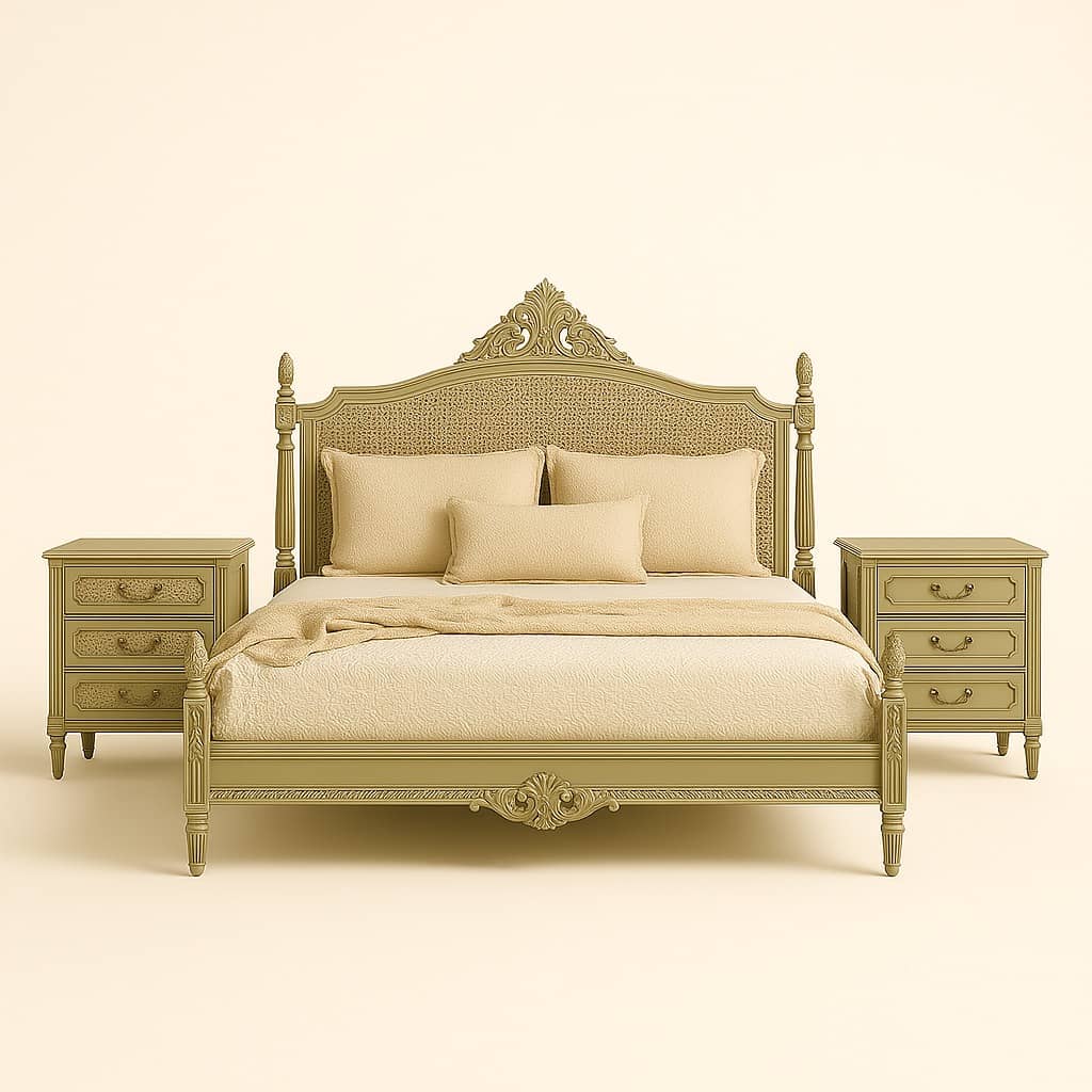 Jaipur Darbar Canopy Bed – Handcrafted Royal Four-Poster with Cane Headboard - 1