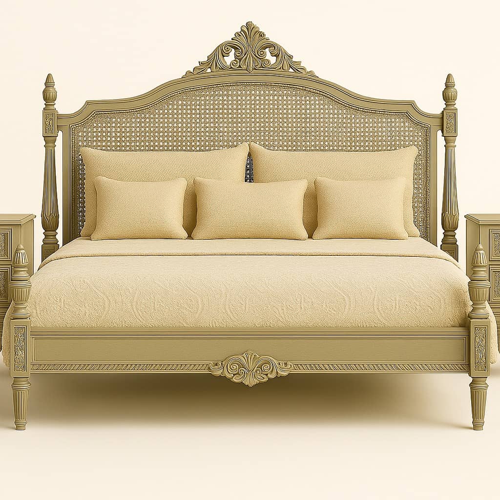 Jaipur Darbar Canopy Bed – Handcrafted Royal Four-Poster with Cane Headboard - 4