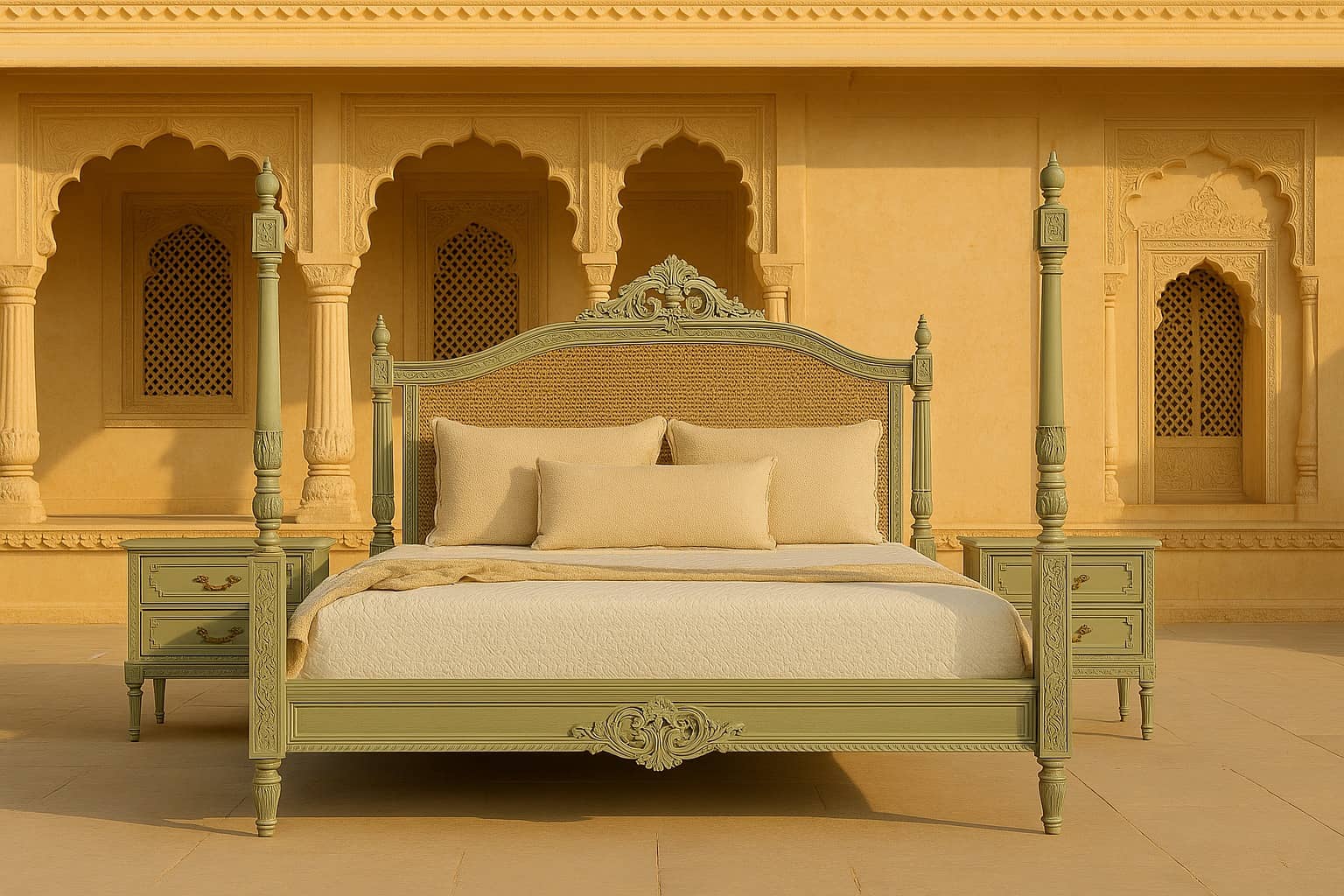 Jaipur Darbar Canopy Bed – Handcrafted Royal Four-Poster with Cane Headboard - 5