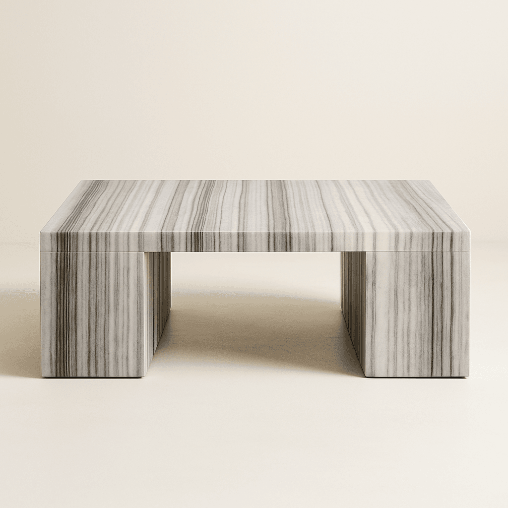 Grey 47" square table  , Modern Sculptural Oak Pedestal Dining Table – Fluted Wood Base, Round Contemporary Design - 1