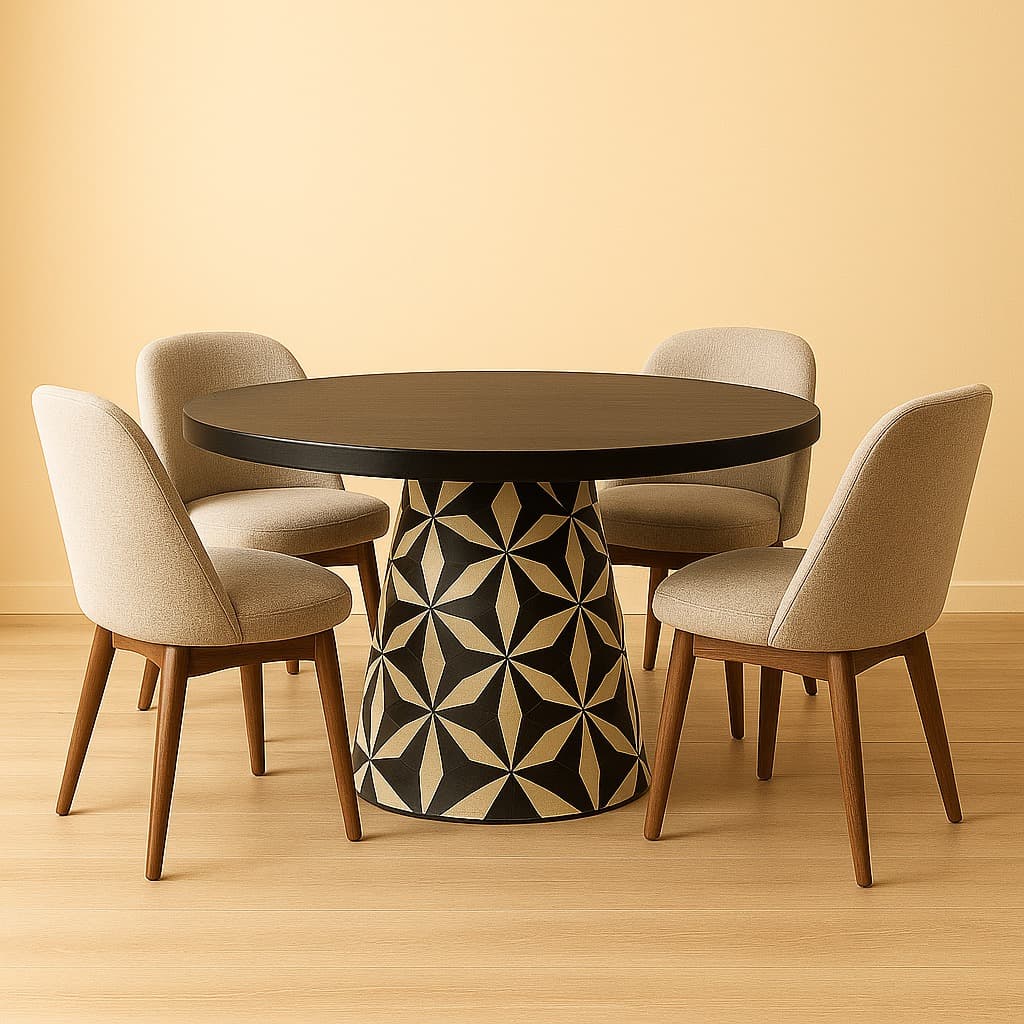 Round Pedestal Dining Table – Black Wood Top with Geometric Star Pattern Base – Modern 4 to 6 Seater Luxury Table - 4