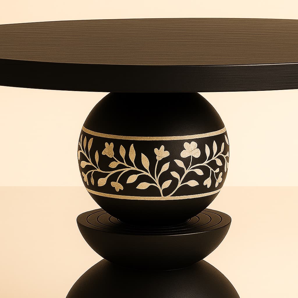 Bone Inlay Modern Black Pedestal Dining Table with Cane Detail –  Round Wood Table, Sculptural Base,  Furniture Black Round Dining Table - 2