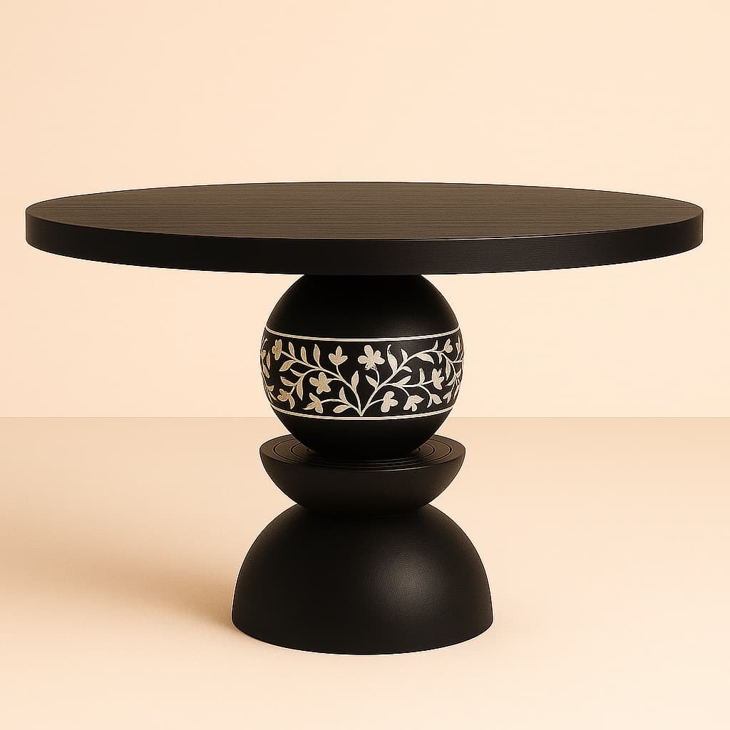 Bone Inlay Modern Black Pedestal Dining Table with Cane Detail –  Round Wood Table, Sculptural Base,  Furniture Black Round Dining Table - 3