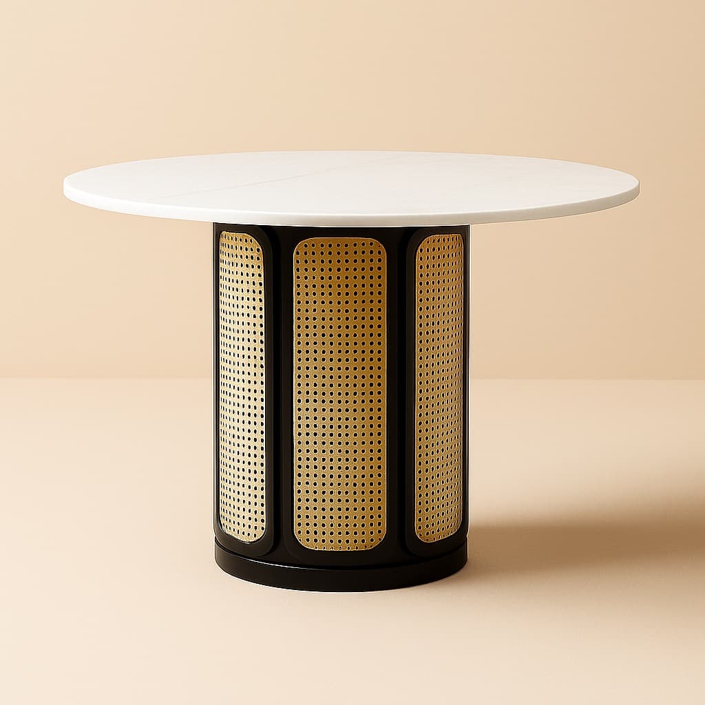 Marble and Cane Round Dining Table – 47” Modern Handmade Table with Black Wood Base for Kitchen or Dining Room | Round dining table - 4