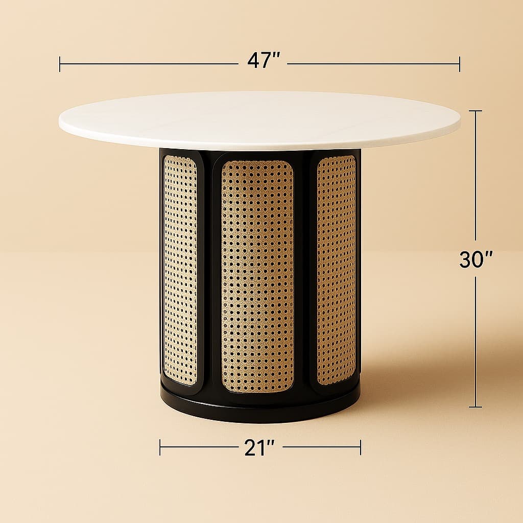 Marble and Cane Round Dining Table – 47” Modern Handmade Table with Black Wood Base for Kitchen or Dining Room | Round dining table - 5