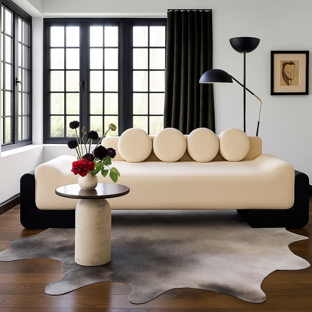 Modern Beige Sofa with Circular Back Cushions and Black Curved Arms – Contemporary Designer Piece - 1