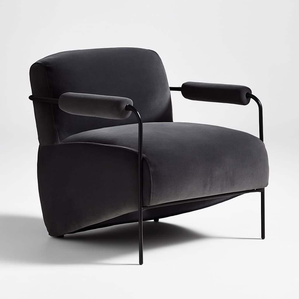 Modern Black Velvet Lounge Chair with Sculptural Metal Arms - 1