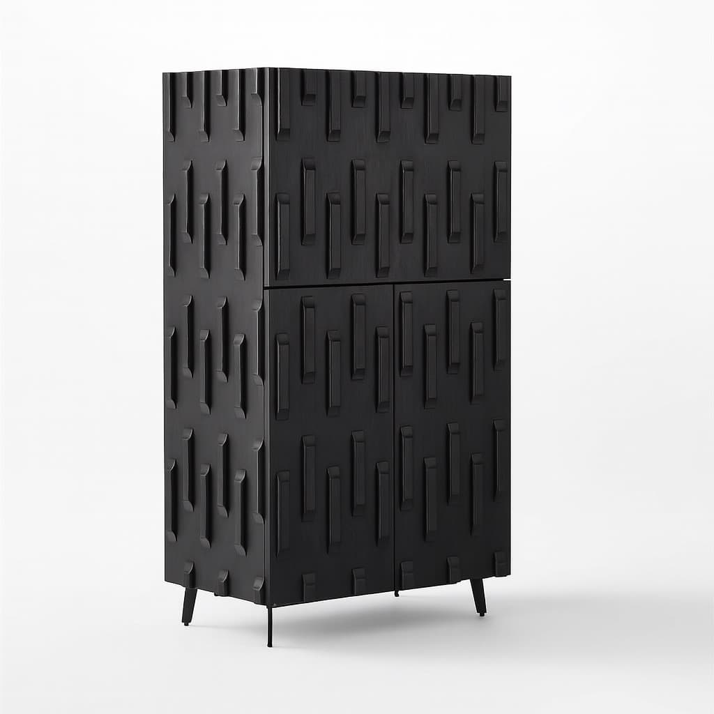Sculpted Matte Teak Wood Black Bar Cabinet - Premium Handcrafted Furniture - View 1