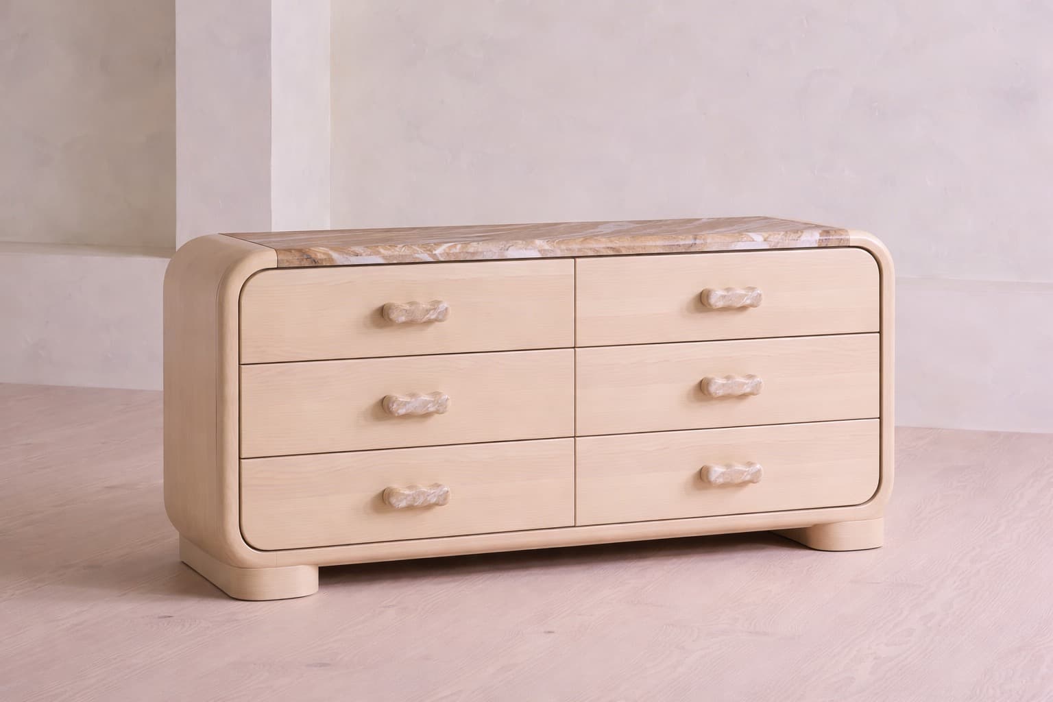 Rounded Edge Oak Dresser with Marble Top – 6 Drawer Modern Sideboard - 2