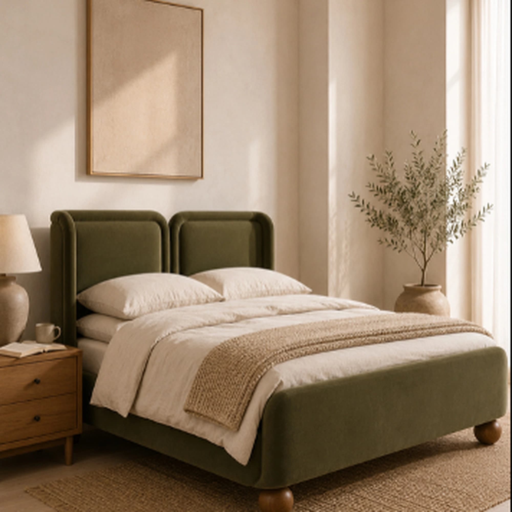 Elara Olive Velvet Upholstered Bed - 1