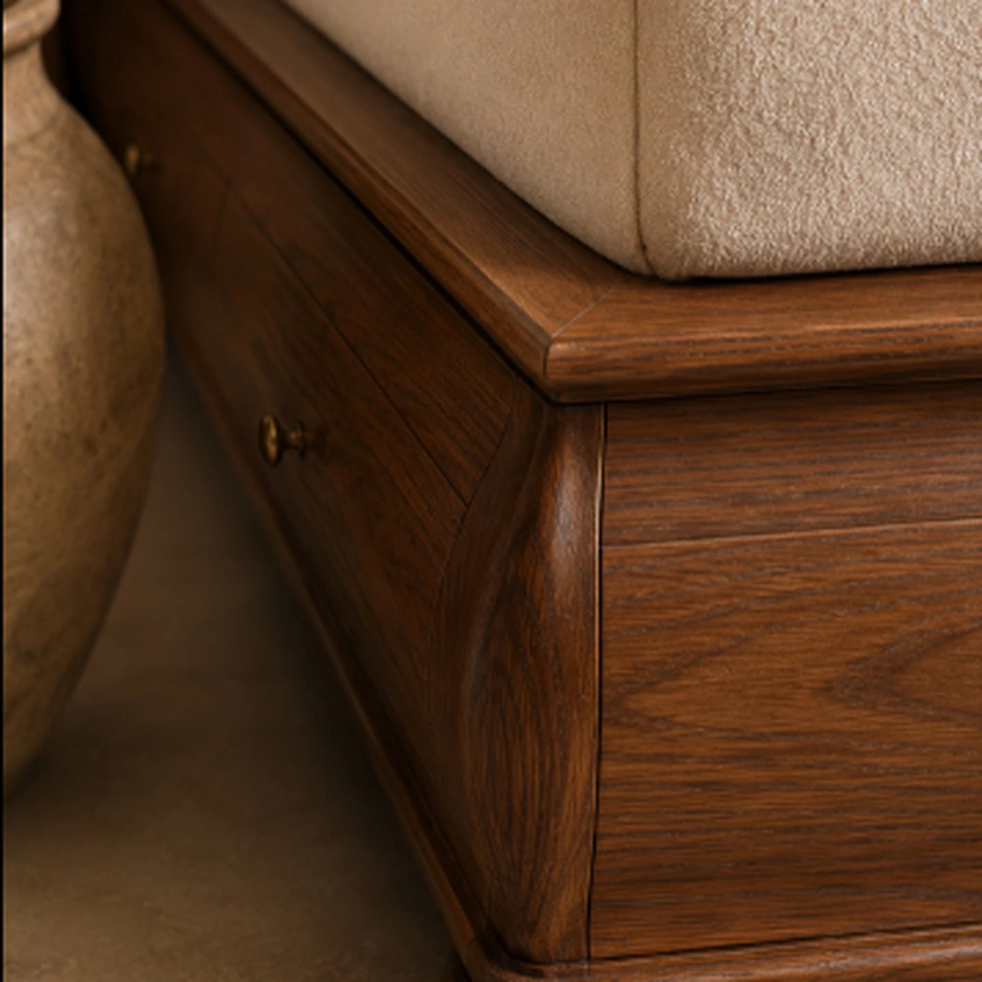 Khwaab Olive Wood & Channel-Tufted Velvet Bed | Curved Bombé Platform with Storage - 4