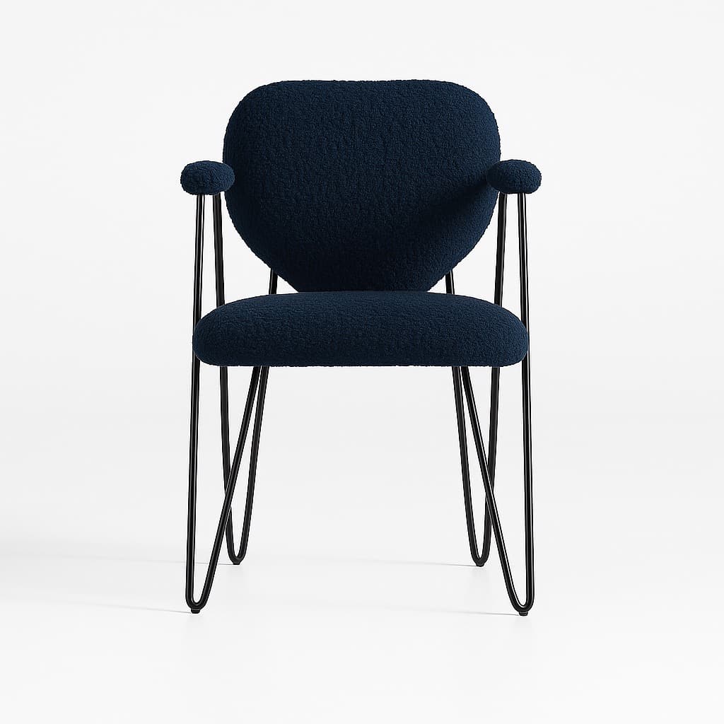 Modern Iron Accent Chair in Deep Navy Blue Bouclé Fabric - 2