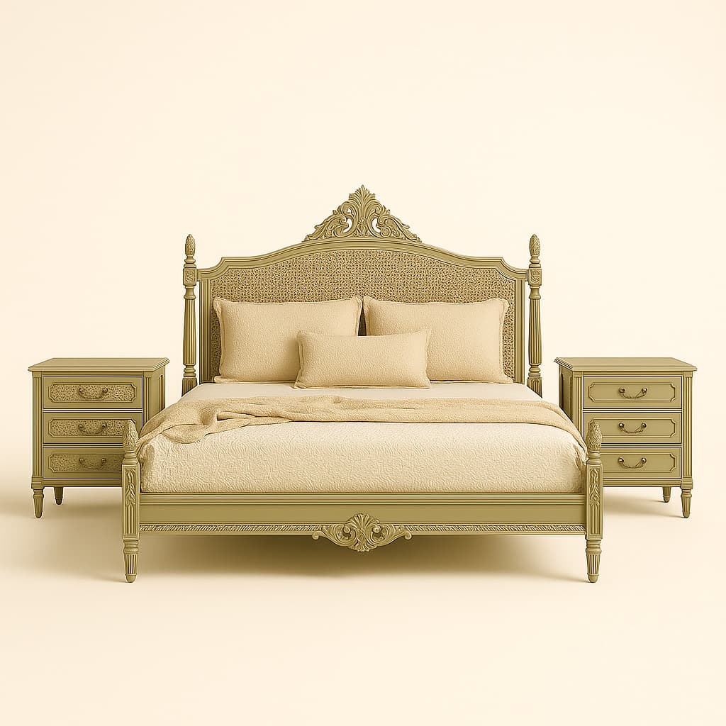 Jaipur Darbar Canopy Bed – Handcrafted Royal Four-Poster with Cane Headboard - 1