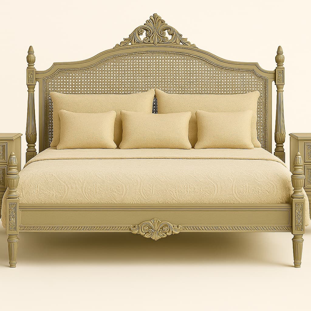 Jaipur Darbar Canopy Bed – Handcrafted Royal Four-Poster with Cane Headboard - 4